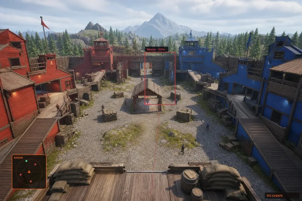 Radar and ESP boxes in a TF2 courtyard